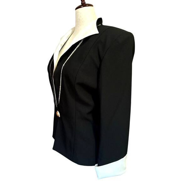 Vintage Women's Black Evening Jacket Rhinestones White Satin Lapel Size 16 Event - Picture 3 of 9